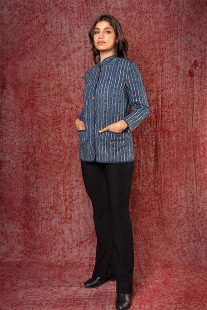 Indigo Ajrakh Cotton Quilted Jacket-NVQJ375 SALE