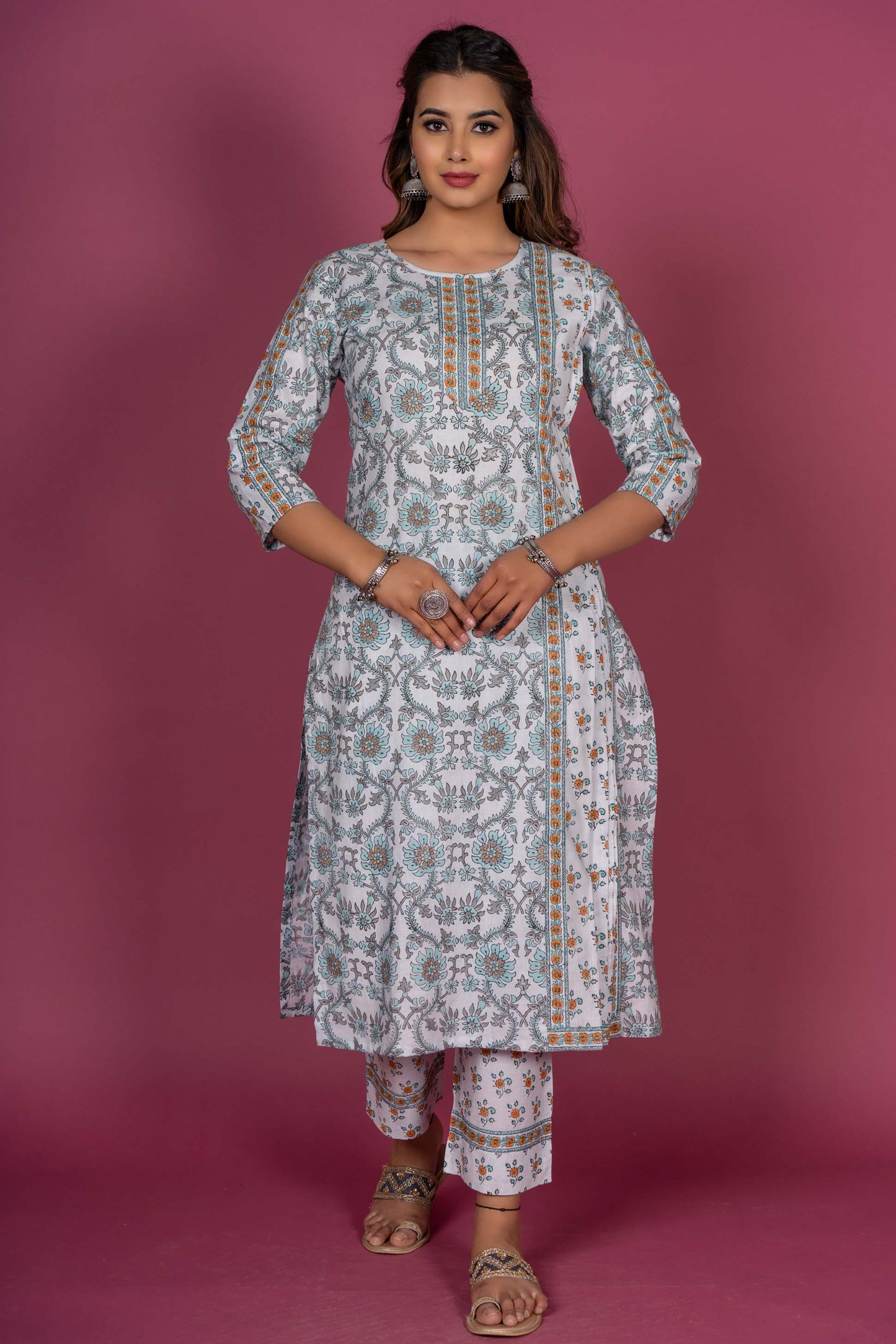 Splash Blue Block Printed Kurta Set-KS369