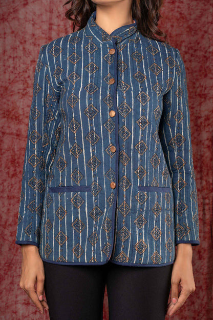 Indigo Ajrakh Cotton Quilted Jacket-NVQJ375 SALE