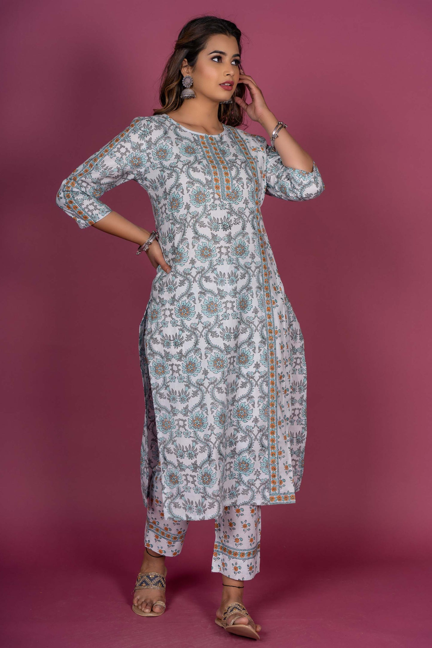 Splash Blue Block Printed Kurta Set-KS369