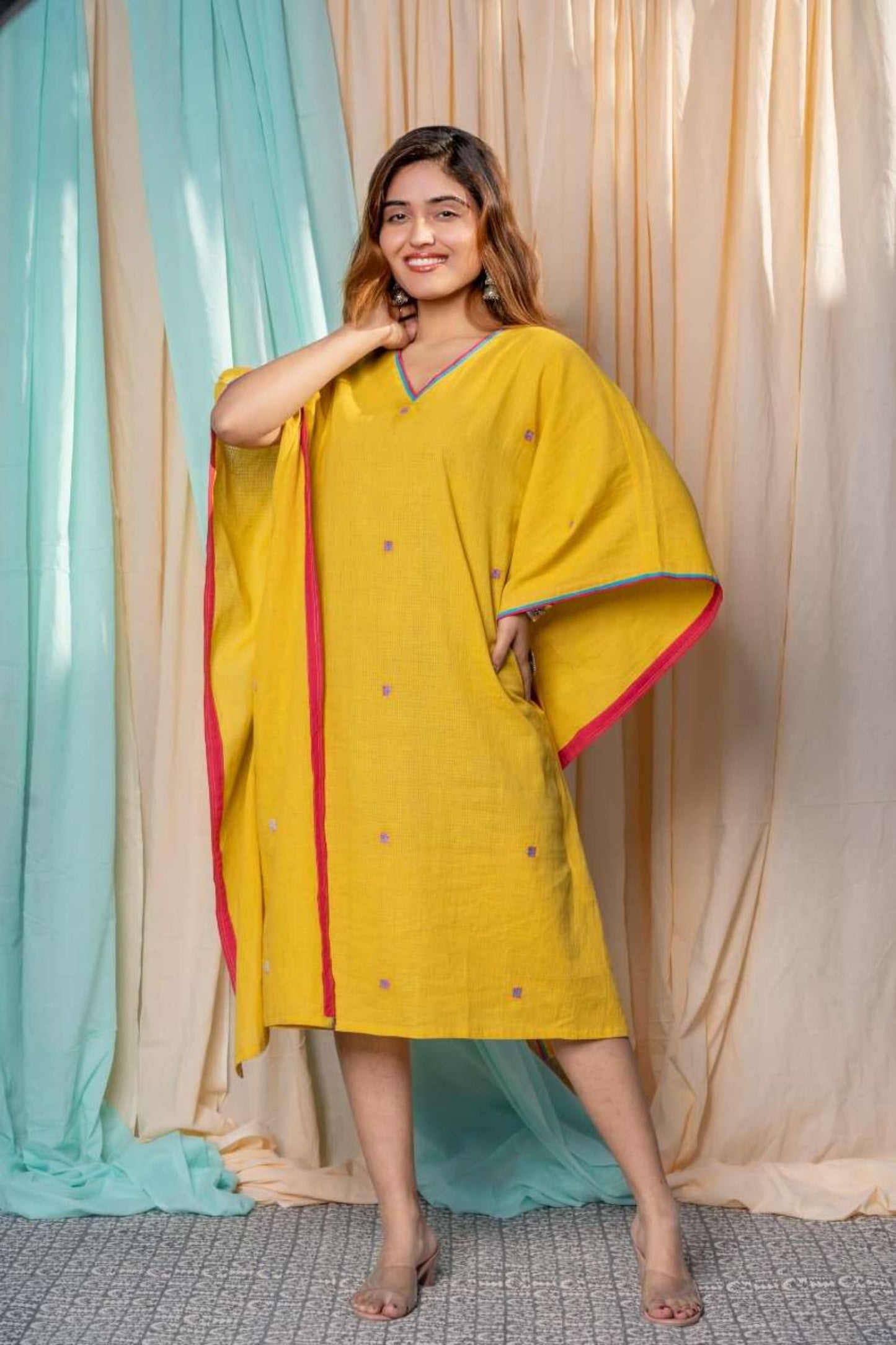 GOLDEN YELLOW EMBROIDERED KHARI COTTON KAFTAN-NVK450