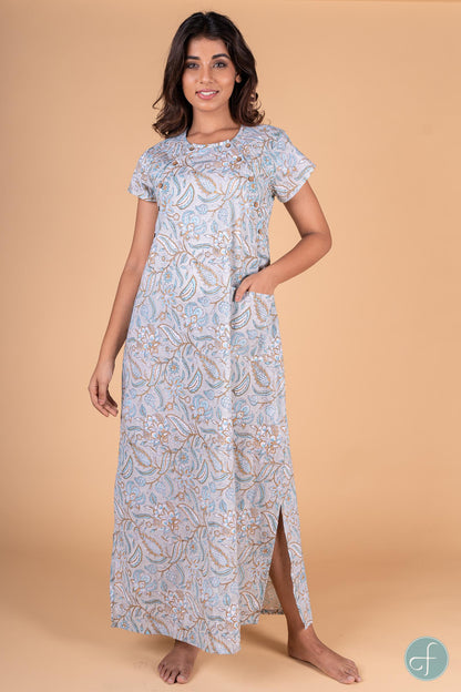 BLUE GREY BLOCK PRINT MAXI GOWN-NG43