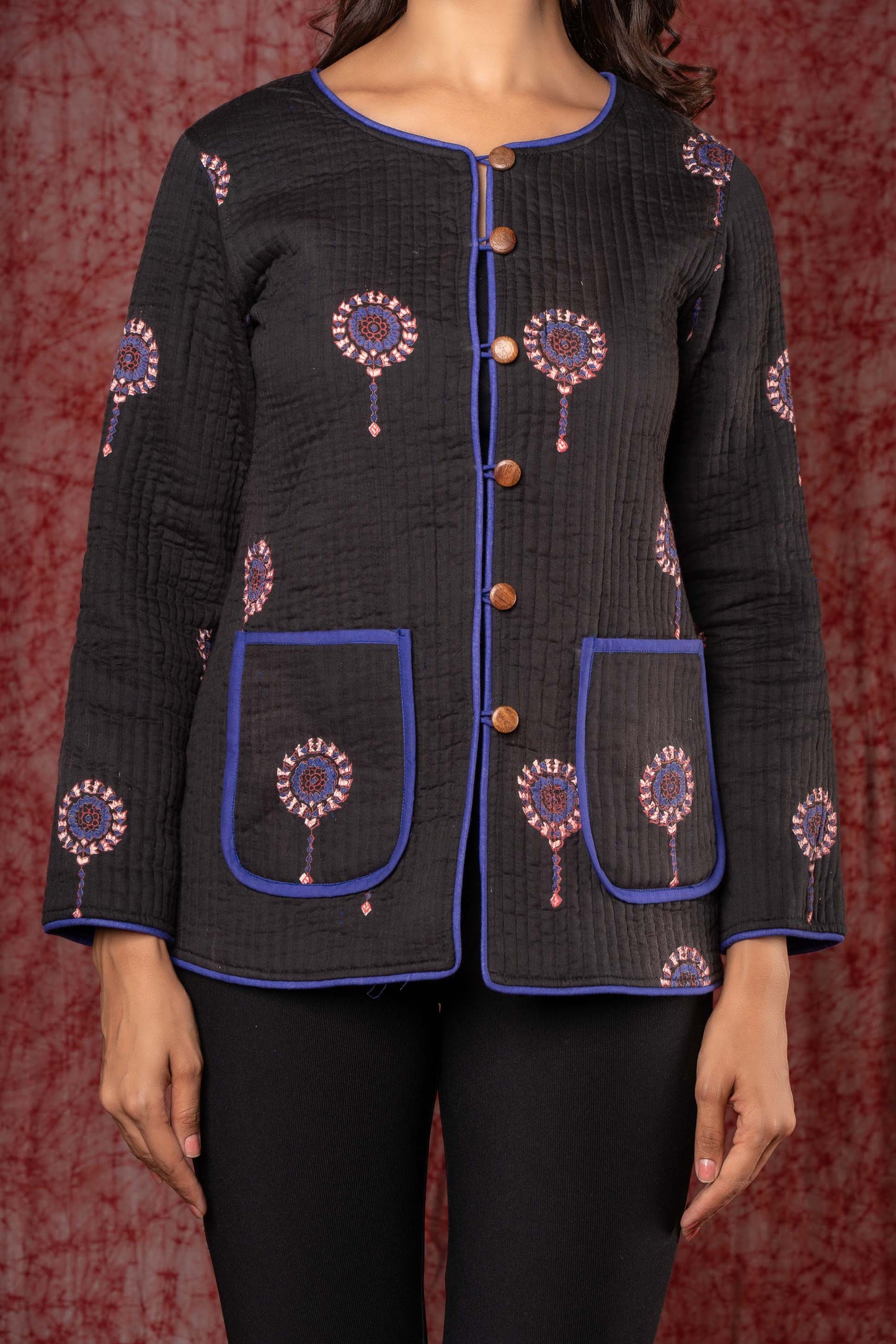 Black Block Printed Quilted Reversible Jacket-NVQJ369