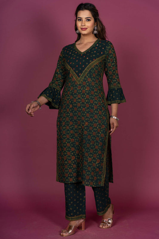 Glorious Green Ajrakh Kurta Set-KS340