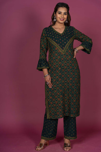 Glorious Green Ajrakh Kurta Set-KS340