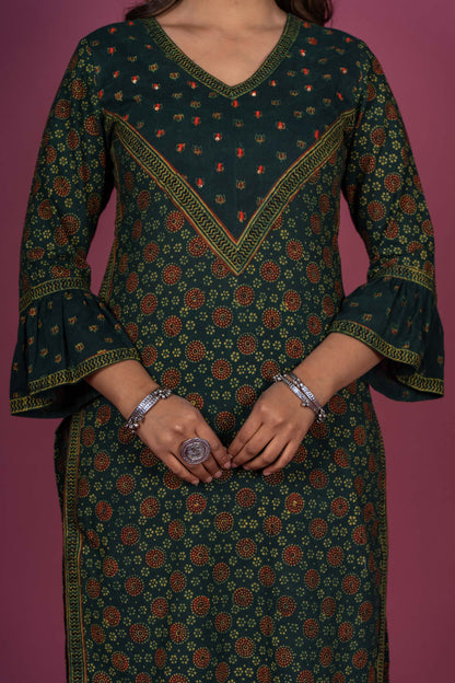 Glorious Green Ajrakh Kurta Set-KS340