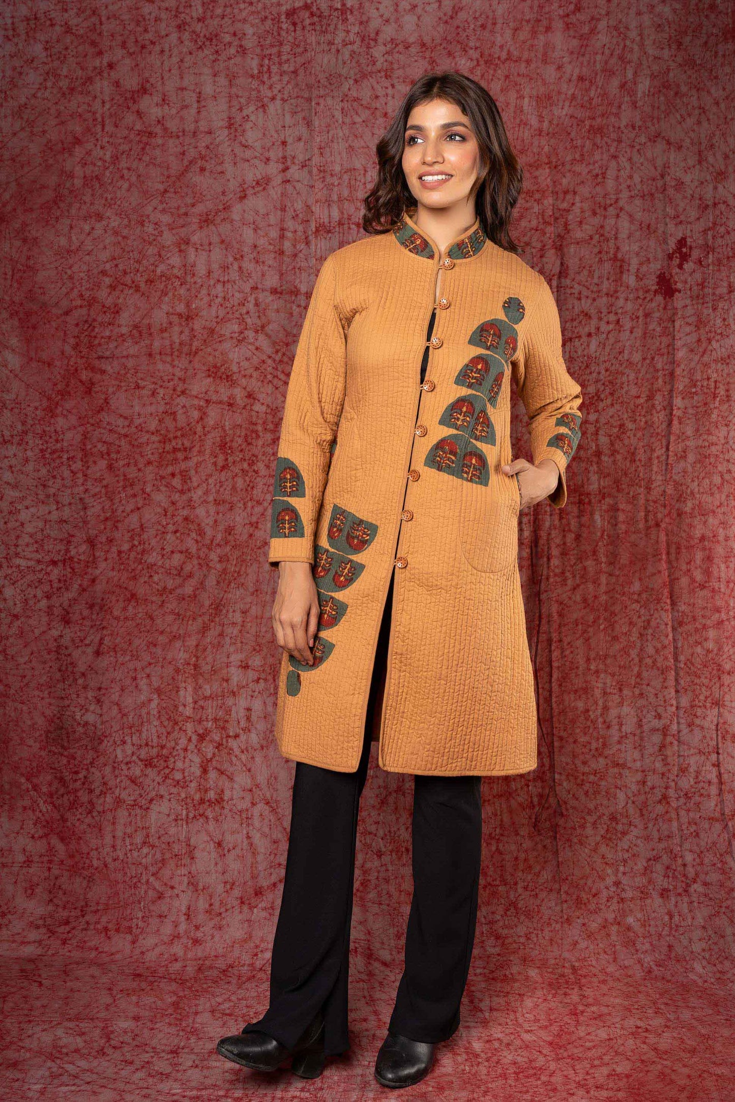 Brown Applique Reversible Quilted Coat-NVQJ433