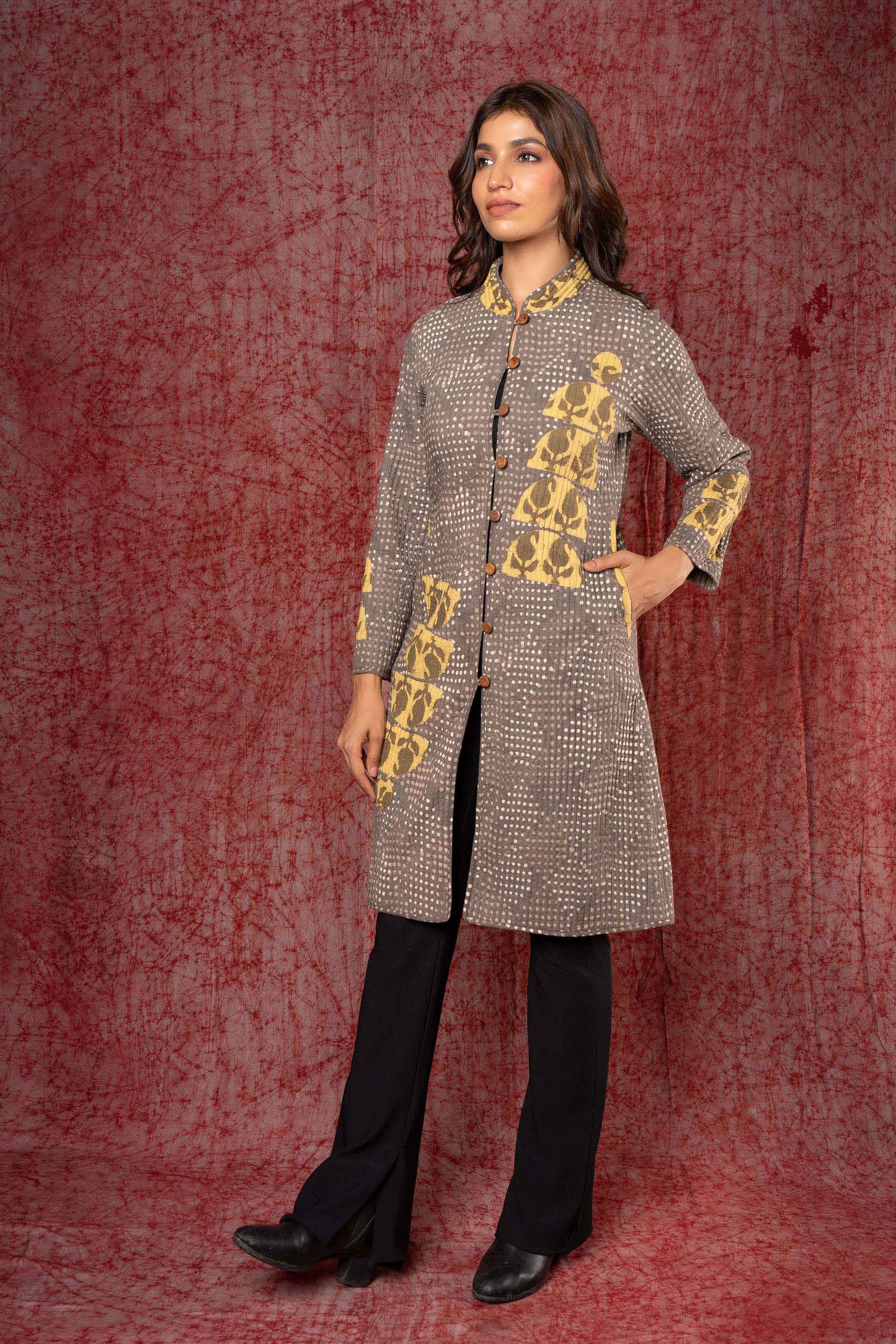 Kashish Grey Applique Reversible Quilted Coat-NVQJ431