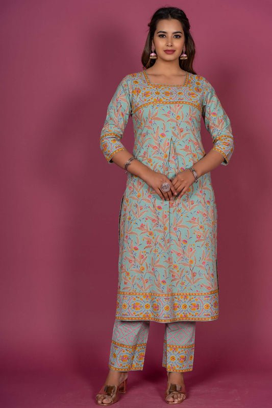 Greengage Block Printed Kurta Set -KS413