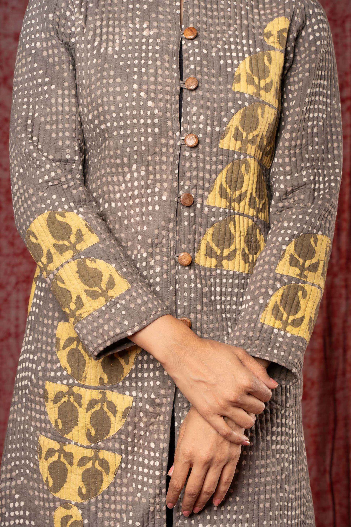 Kashish Grey Applique Reversible Quilted Coat-NVQJ431