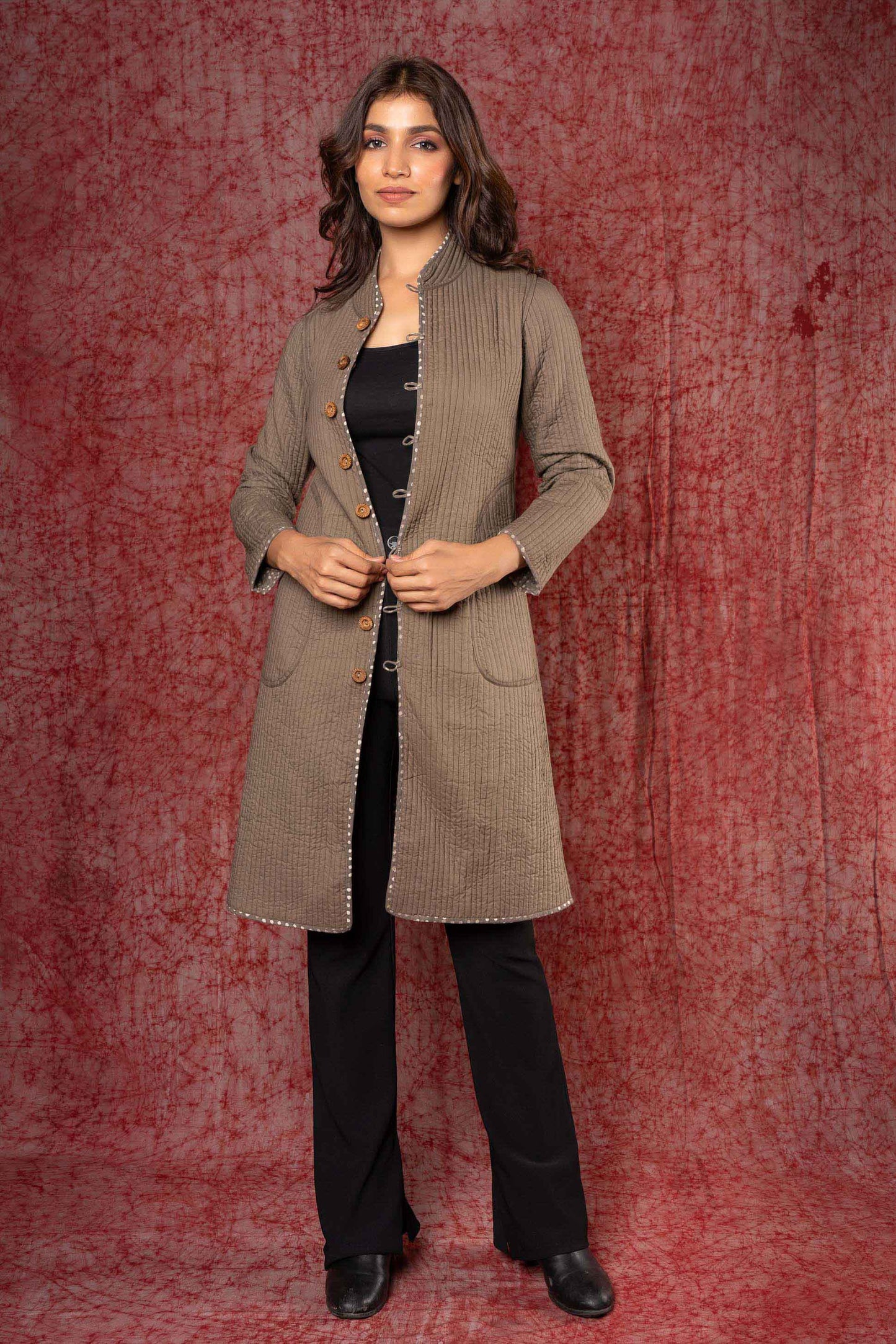 Kashish Grey Applique Reversible Quilted Coat-NVQJ431