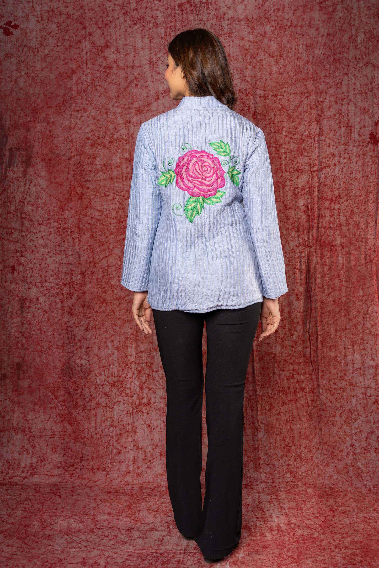 Blue Embroidered Dola Silk Quilted Jacket-NVQJ379