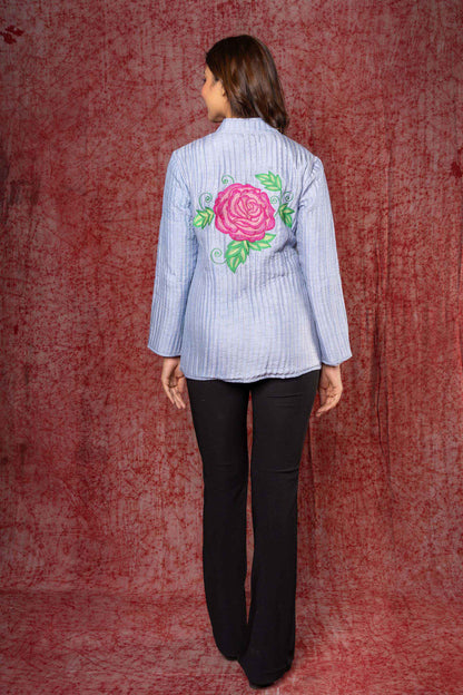 Blue Embroidered Dola Silk Quilted Jacket-NVQJ379