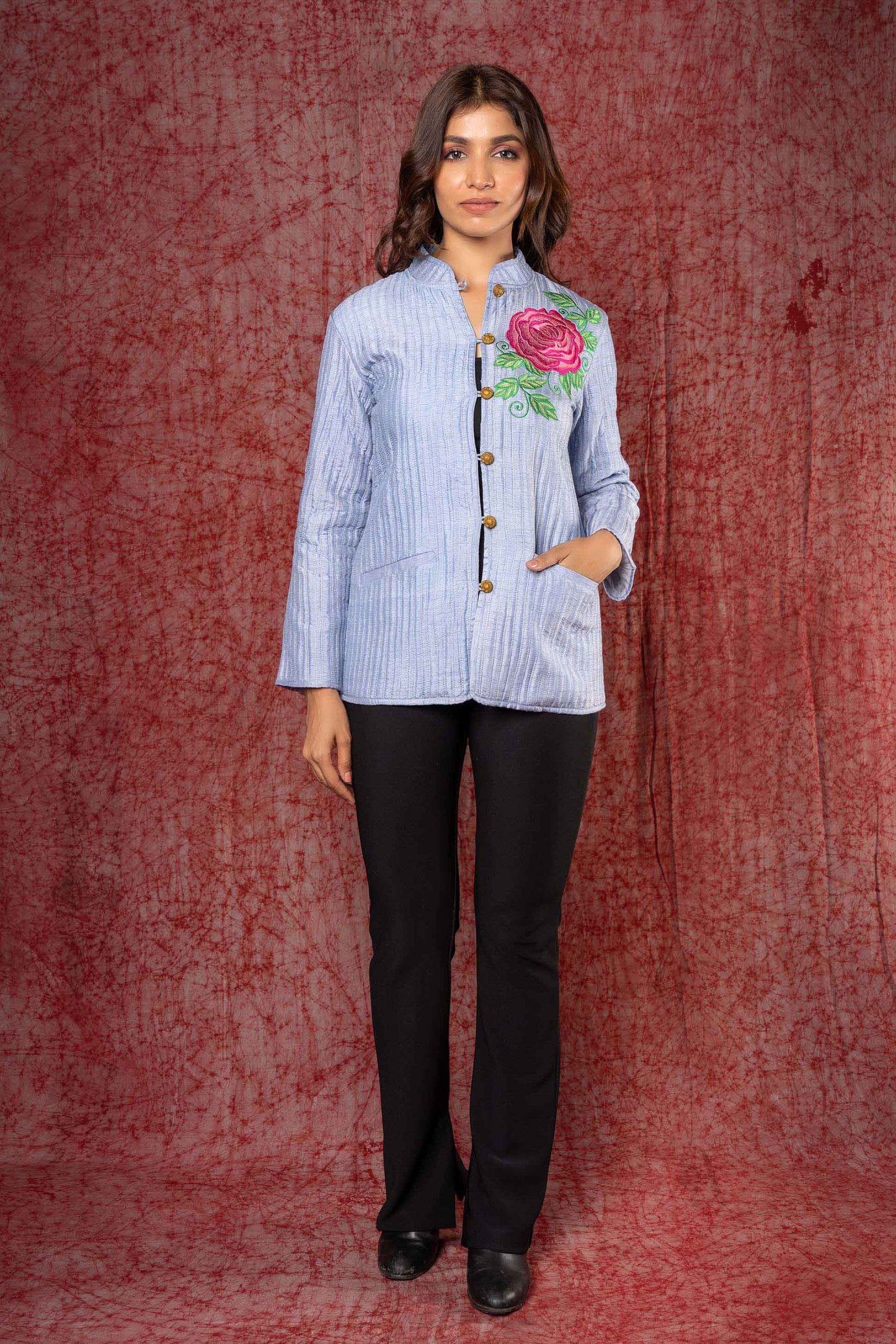 Blue Embroidered Dola Silk Quilted Jacket-NVQJ379