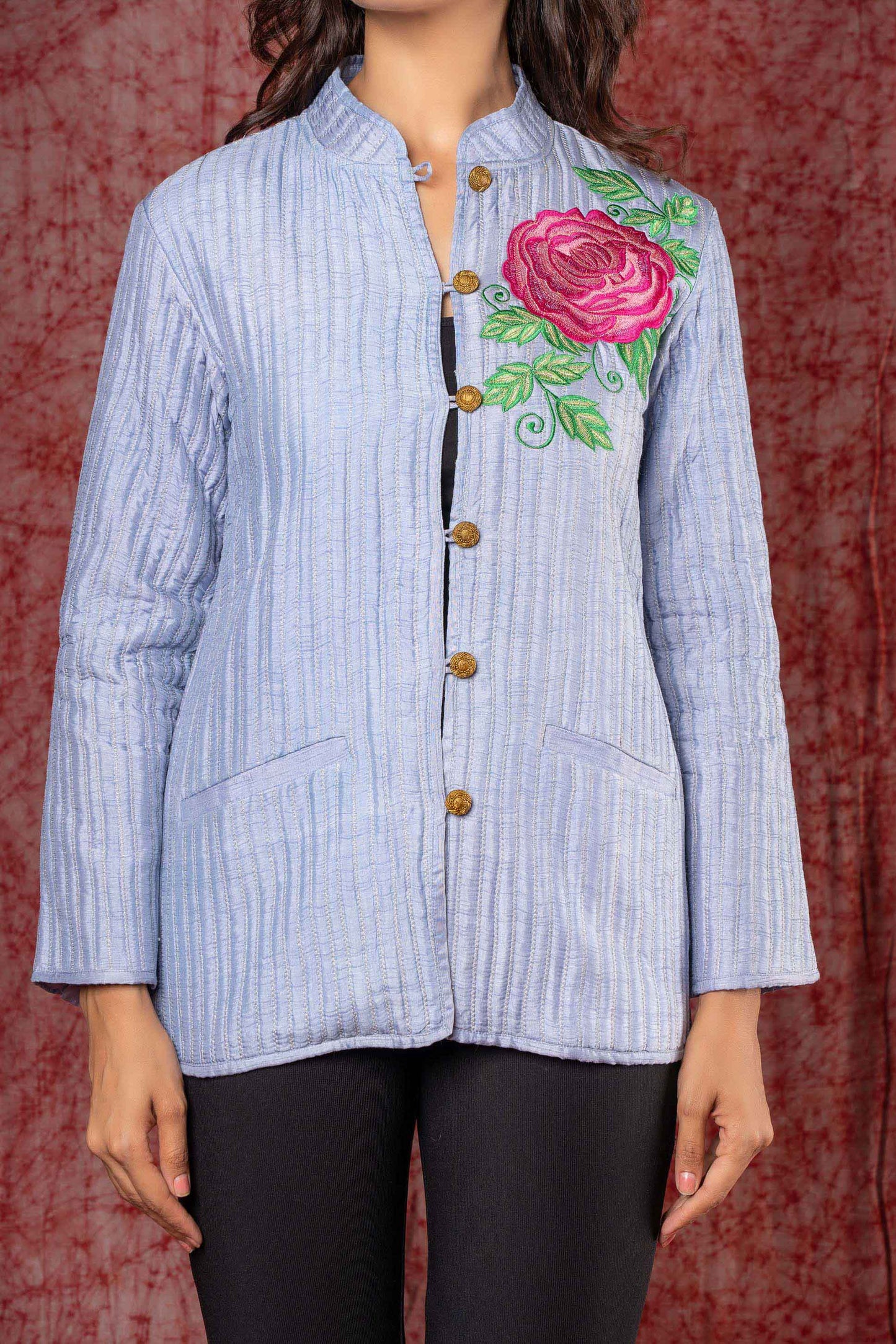 Blue Embroidered Dola Silk Quilted Jacket-NVQJ379