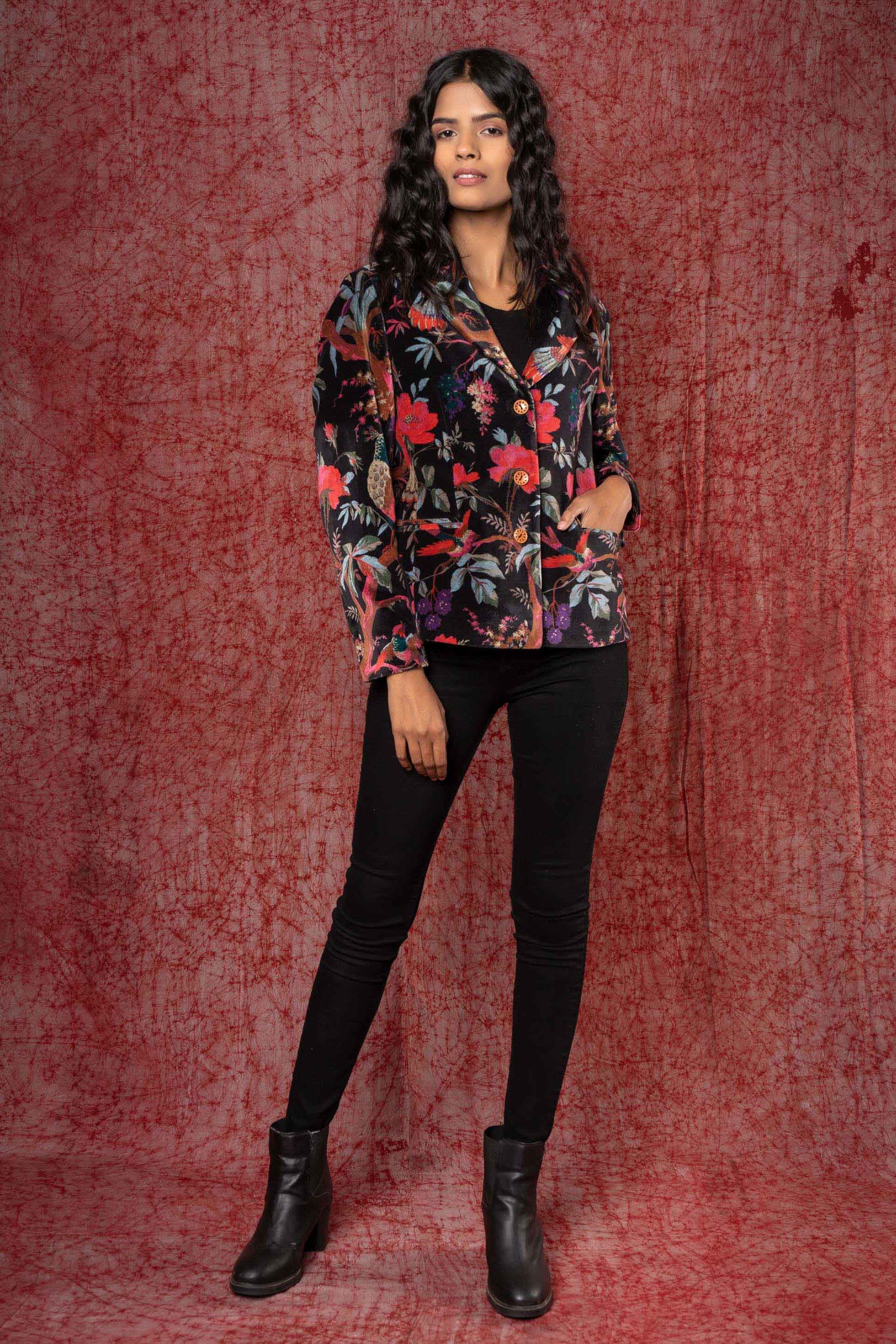 Black Printed Velvet Winter Blazer NVQJ406