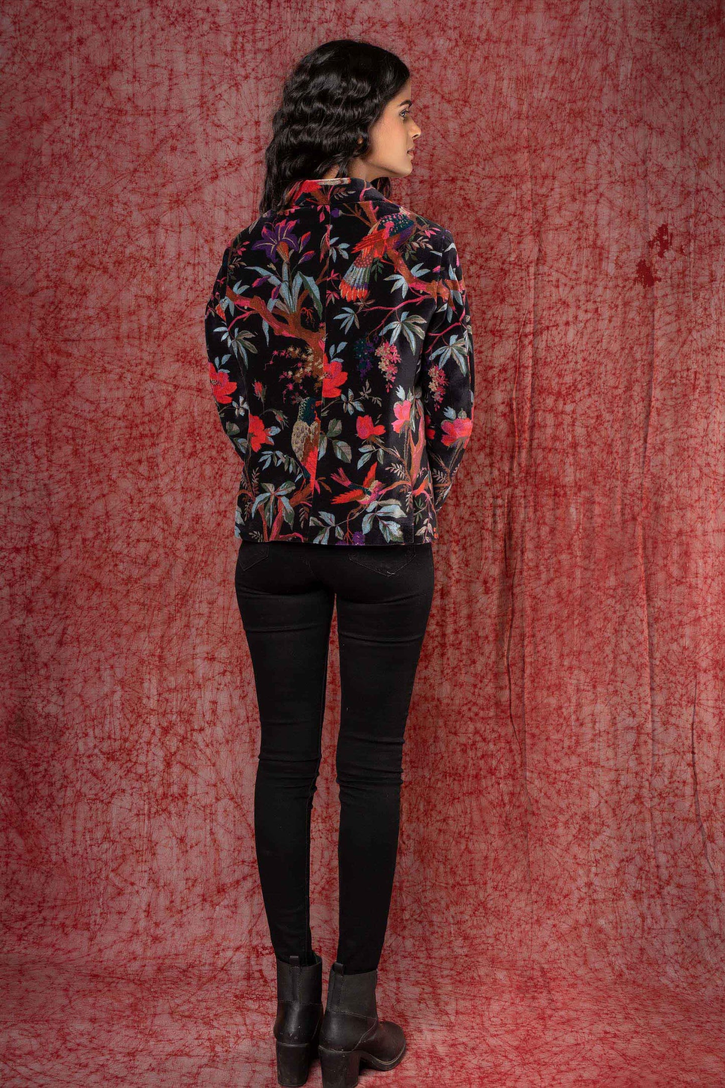 Black Printed Velvet Winter Blazer NVQJ406