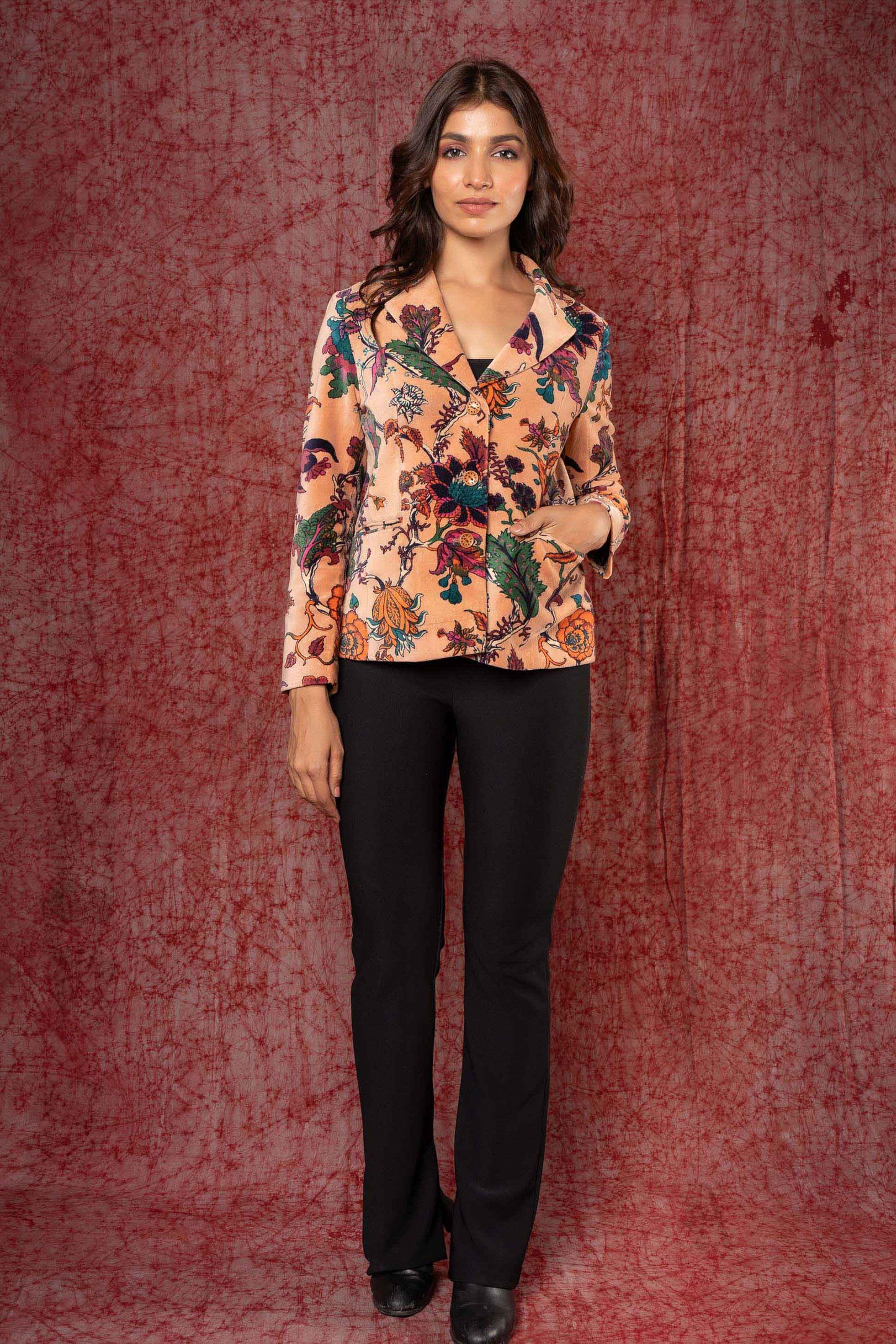 Peach Printed Velvet Winter Blazer NVQJ407