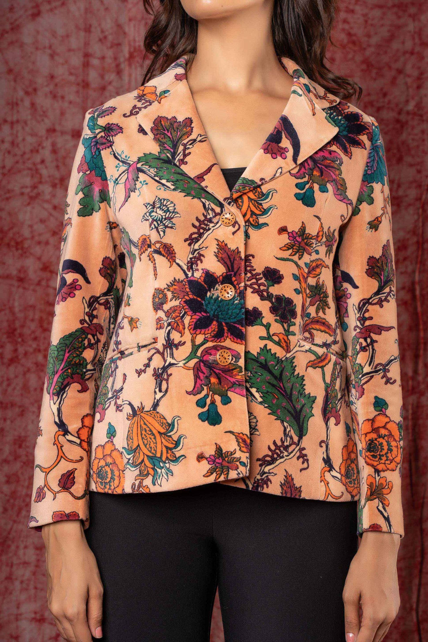 Peach Printed Velvet Winter Blazer NVQJ407