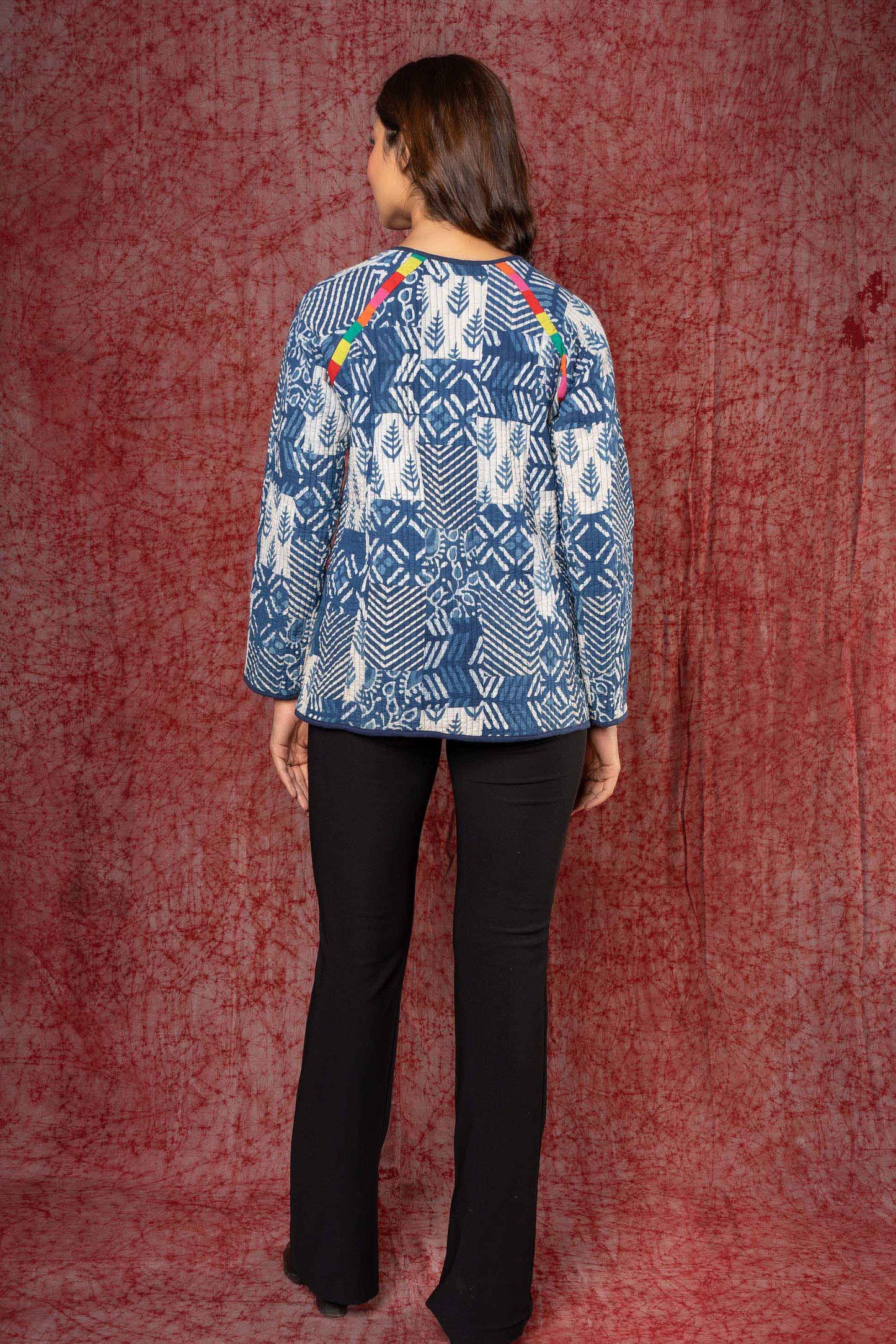 Indigo Patch Work Block Printed Quilted Sweater-NVQJ428