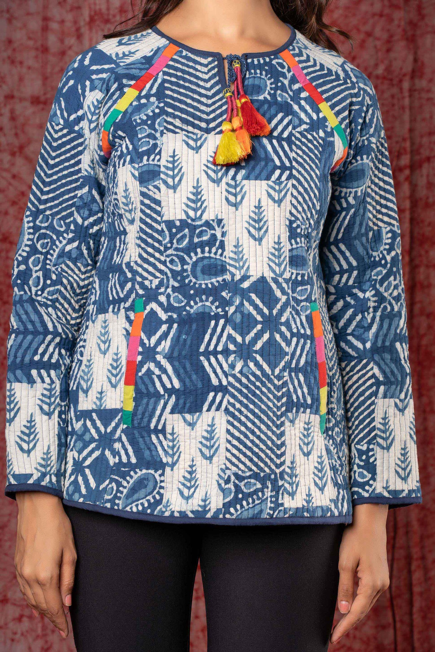 Indigo Patch Work Block Printed Quilted Sweater-NVQJ428