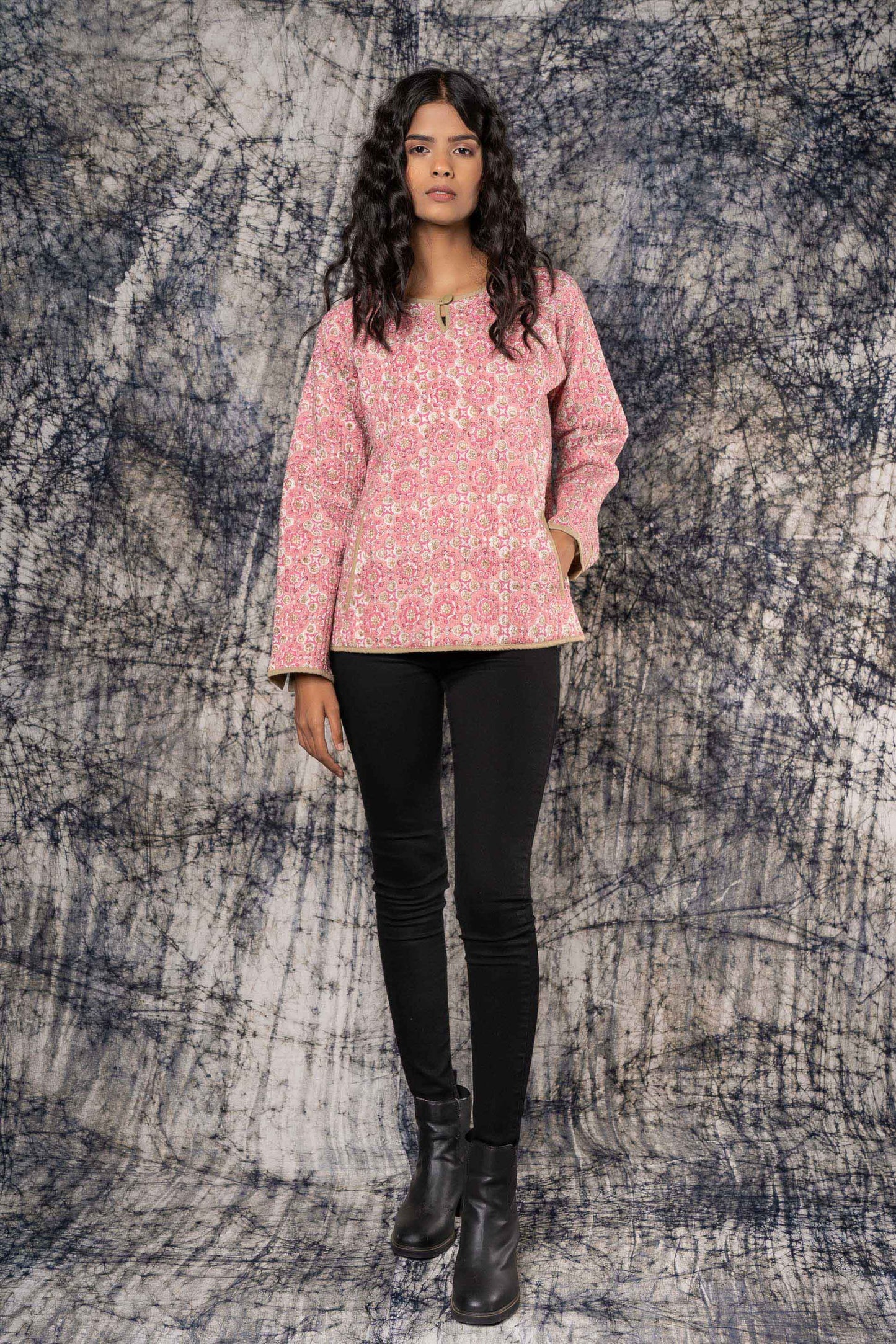 Pink Brown Block Printed Quilted Sweater-NVQJ427