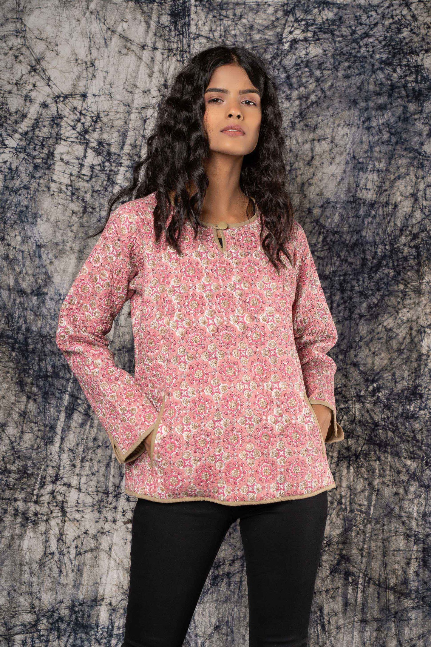 Pink Brown Block Printed Quilted Sweater-NVQJ427