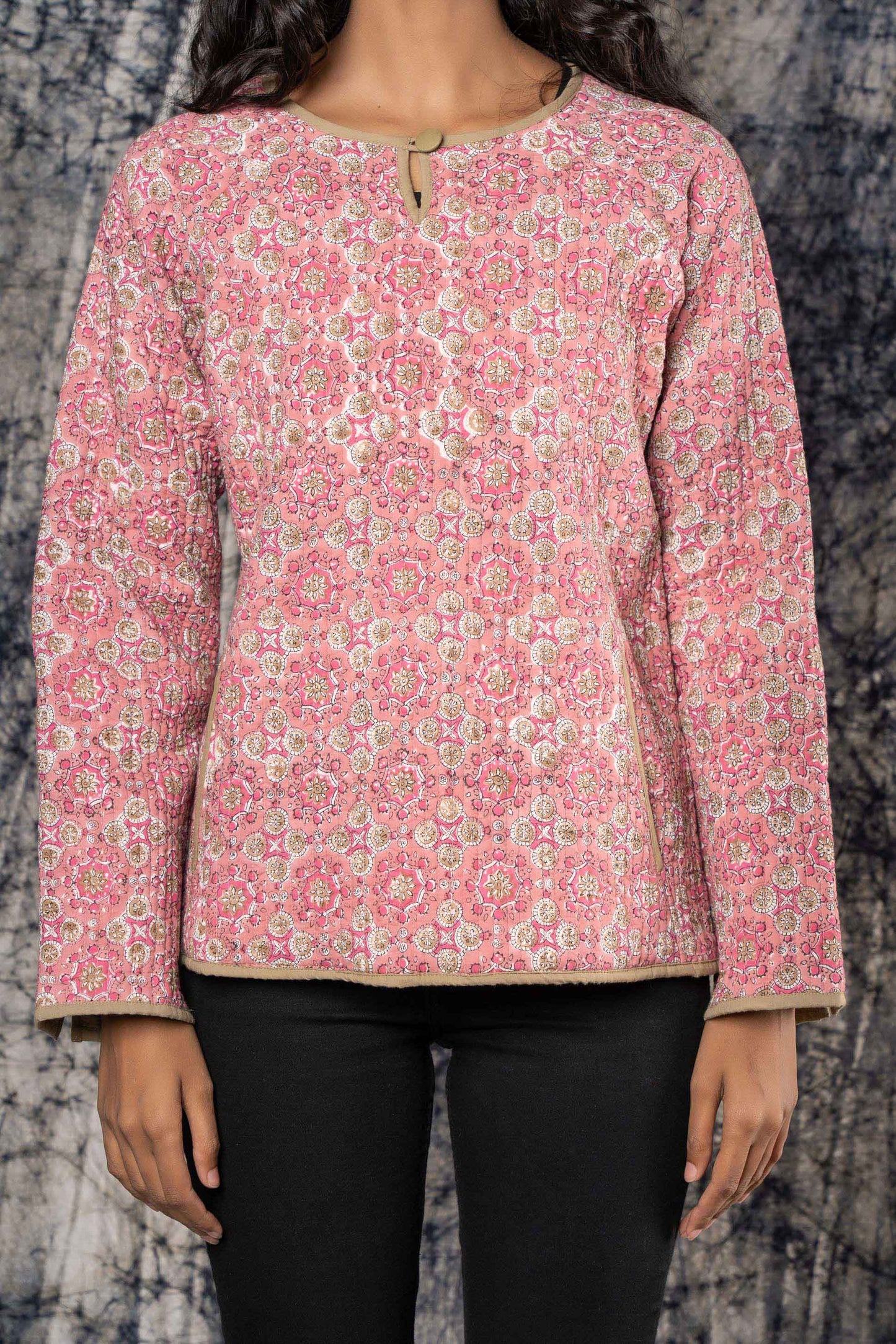 Pink Brown Block Printed Quilted Sweater-NVQJ427