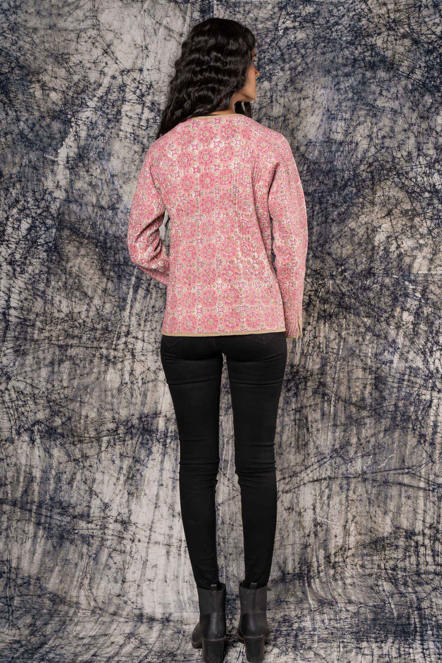 Pink Brown Block Printed Quilted Sweater-NVQJ427