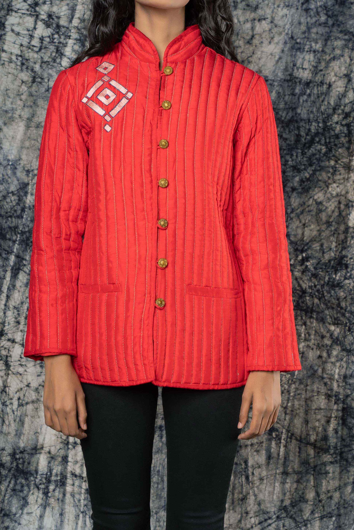 Red Embroidered Dola Silk Quilted Jacket-NVQJ378