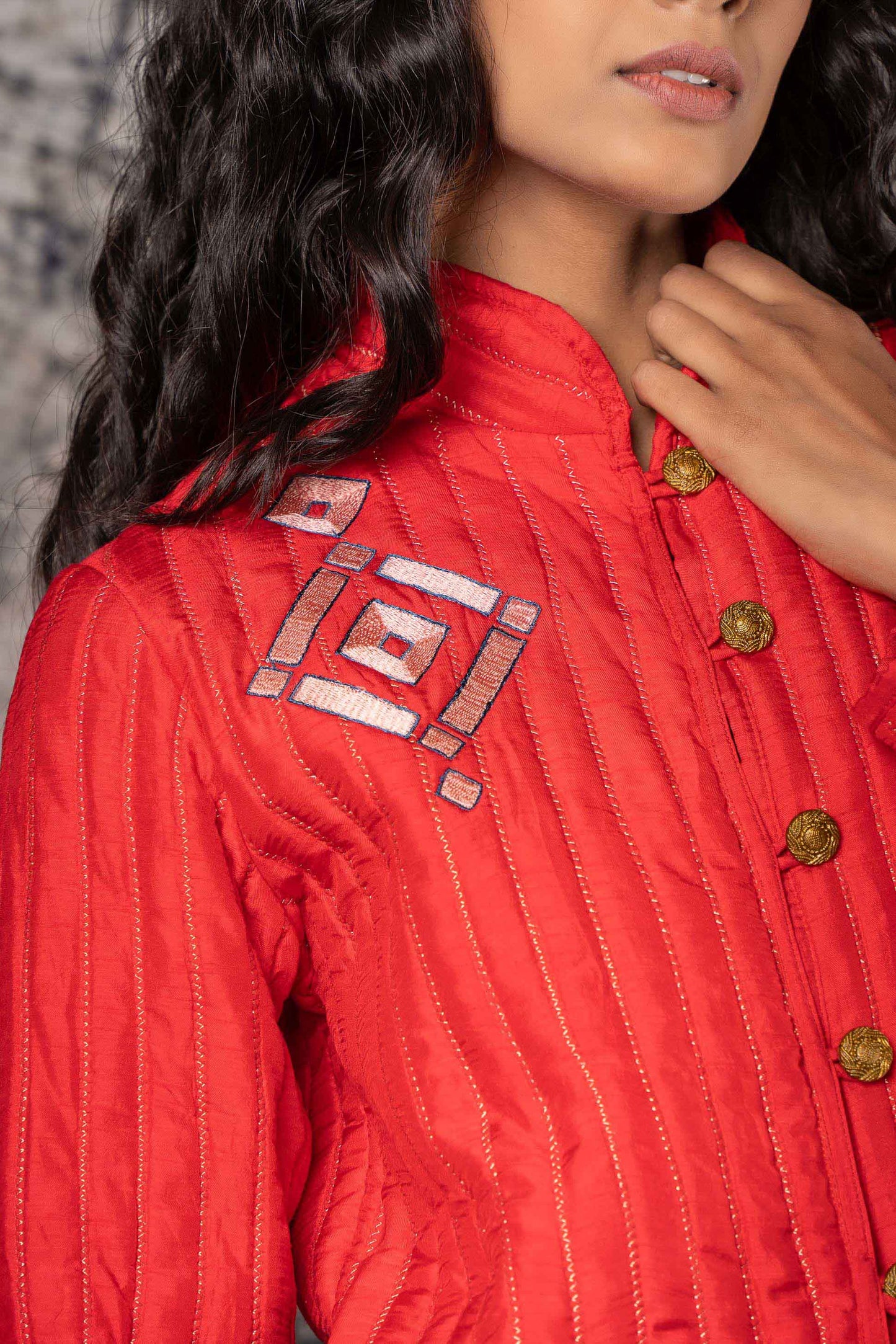 Red Embroidered Dola Silk Quilted Jacket-NVQJ378