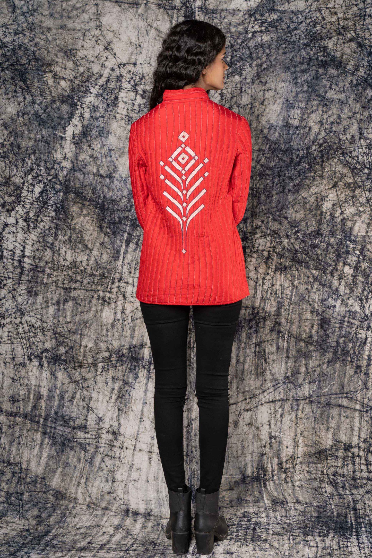 Red Embroidered Dola Silk Quilted Jacket-NVQJ378