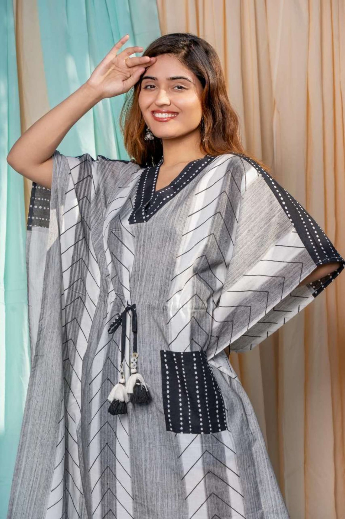 BLACK WHITE BLOCK PRINTED KAFTAN-NVK446