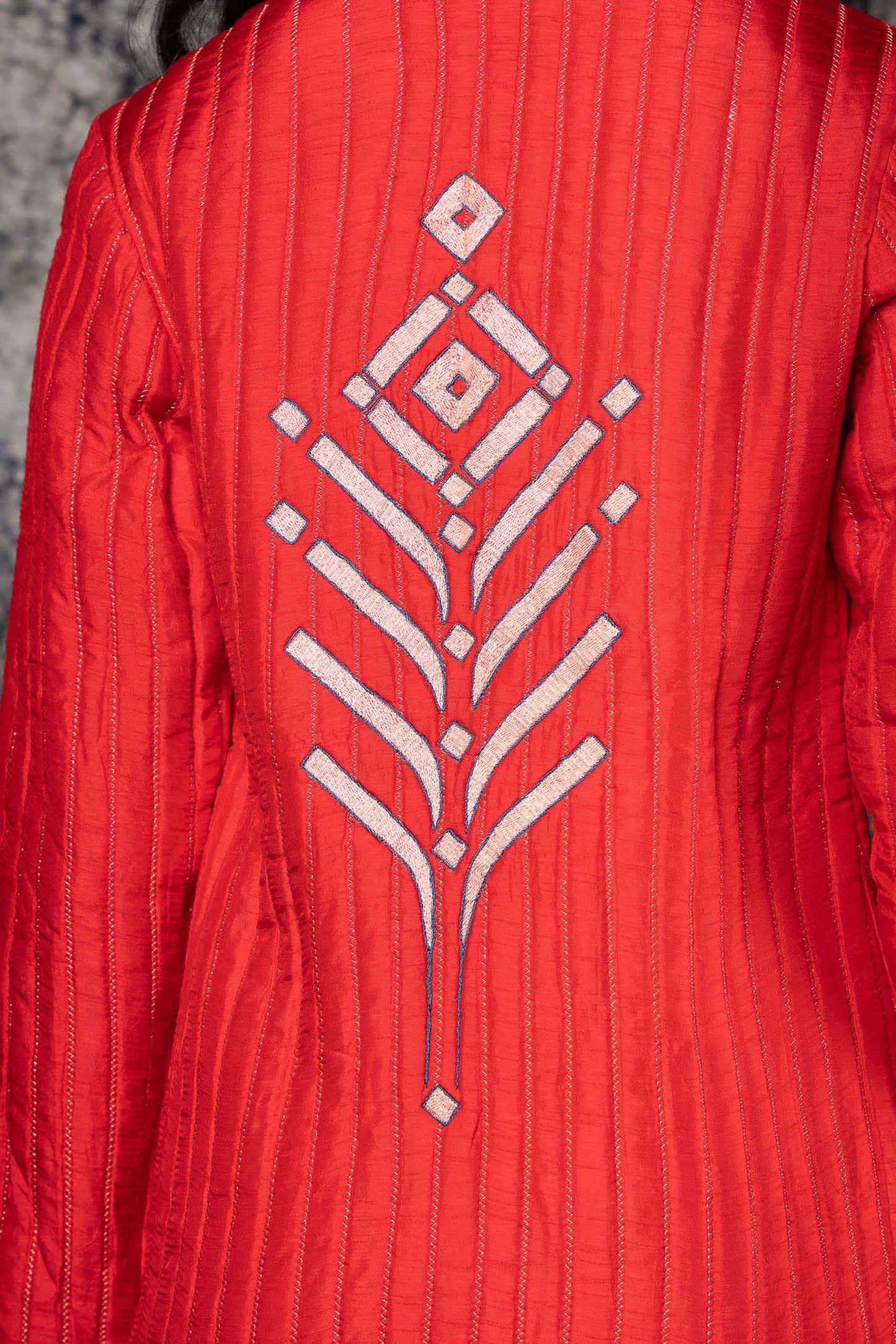 Red Embroidered Dola Silk Quilted Jacket-NVQJ378