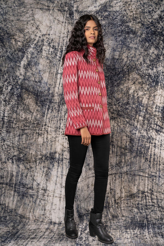 Pink Ikat High Collar Quilted Jacket-NVQJ372