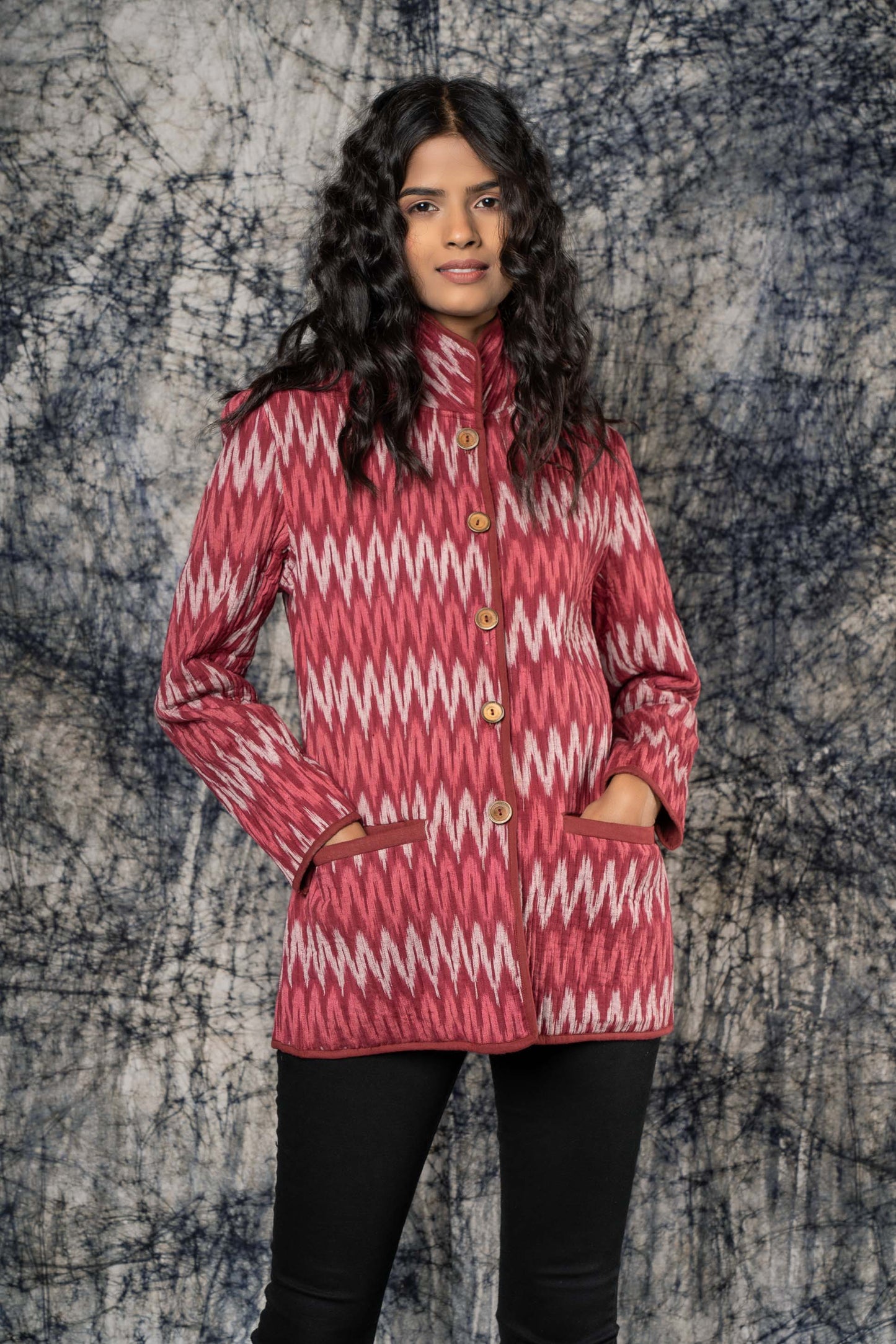 Pink Ikat High Collar Quilted Jacket-NVQJ372