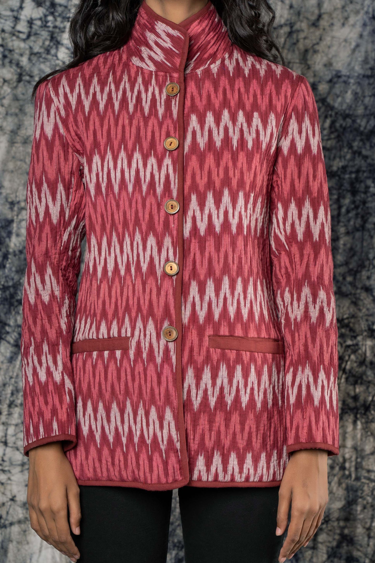 Pink Ikat High Collar Quilted Jacket-NVQJ372