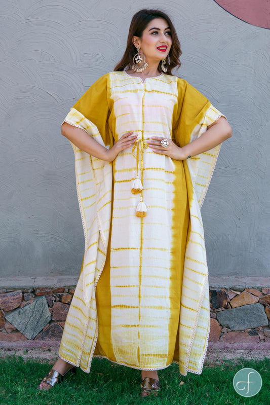 MUSTARD SHIBORI COTTON KAFTAN DRESS-NVK202