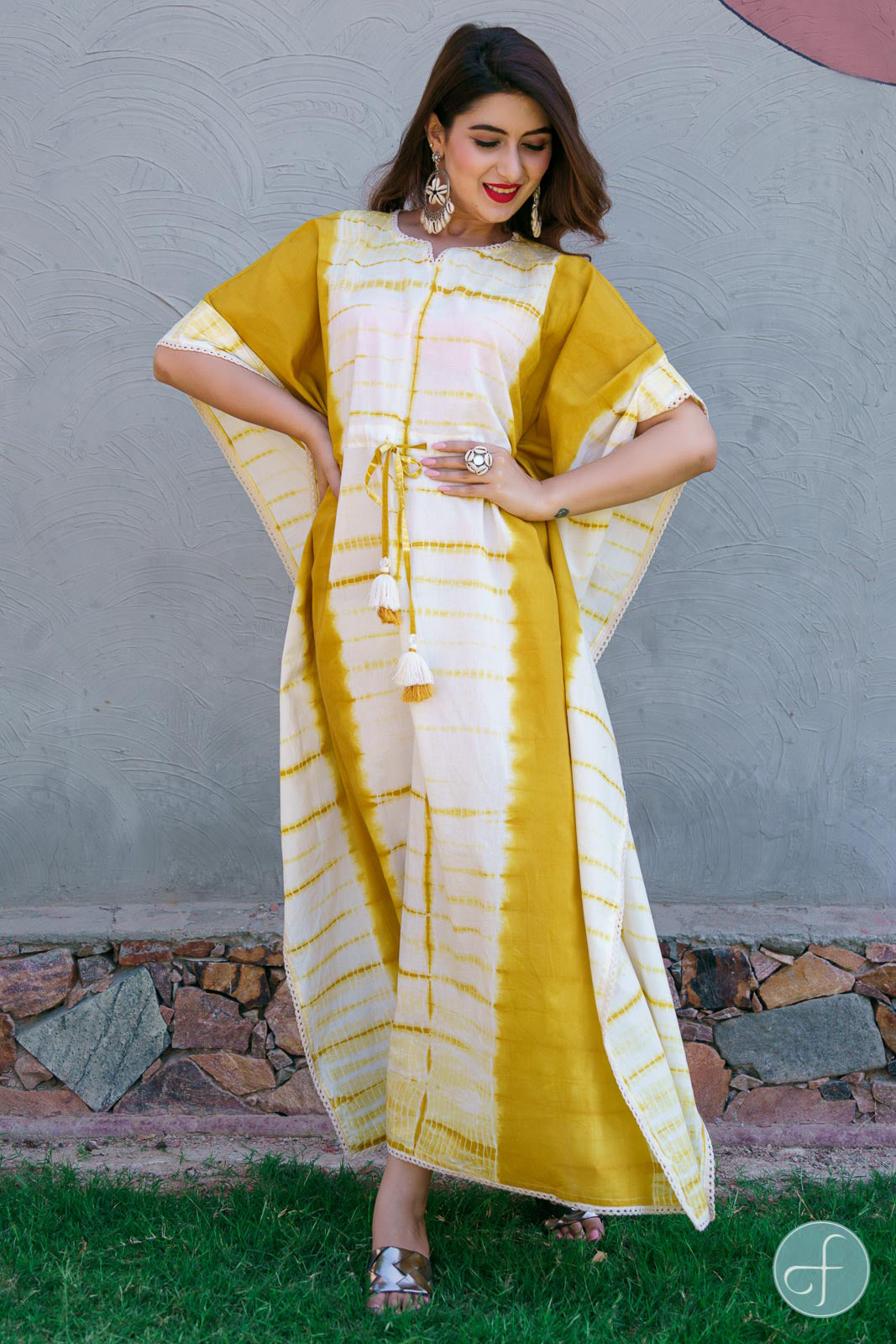 MUSTARD SHIBORI COTTON KAFTAN DRESS-NVK202