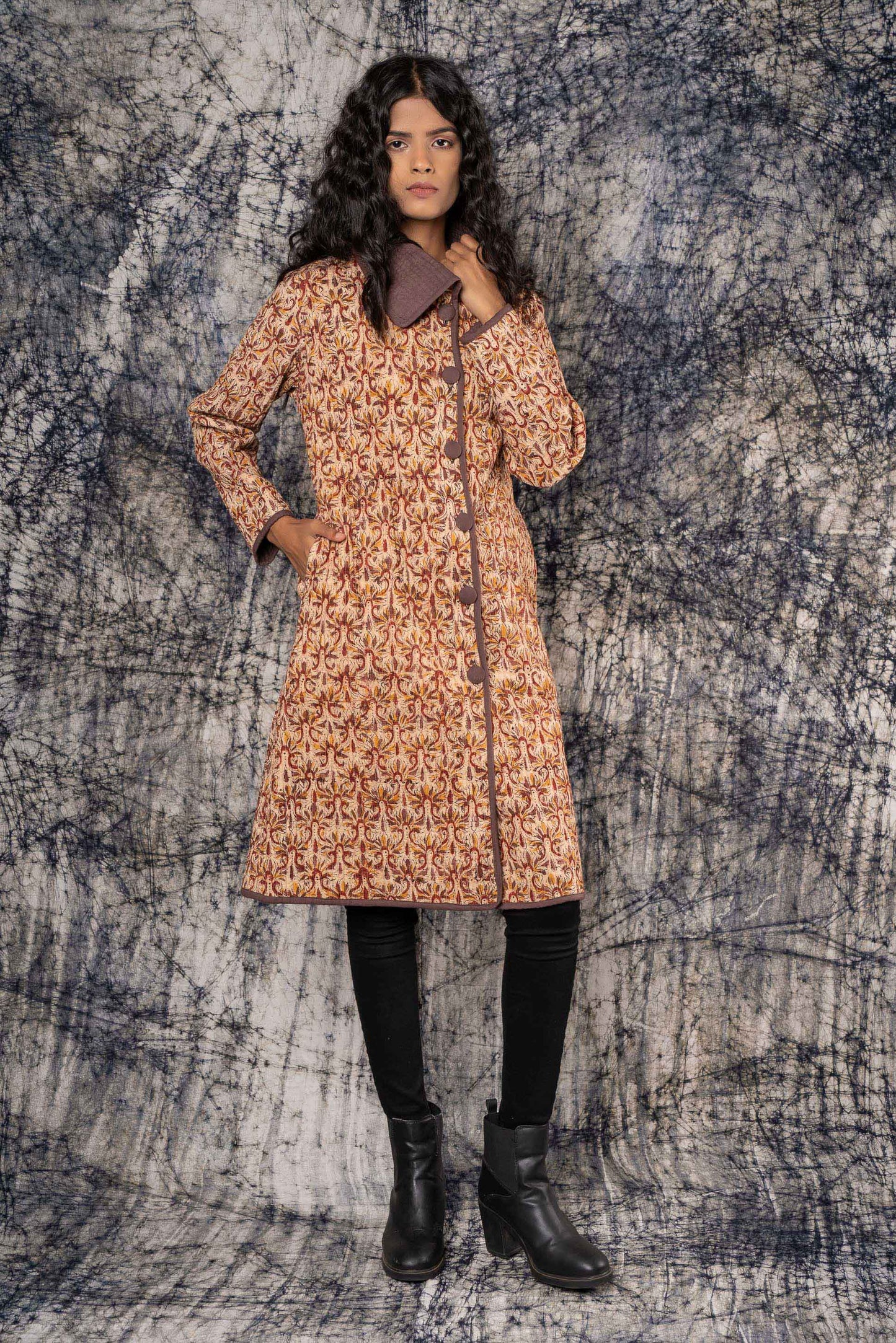 Brown Kalamkari Block Printed Bukhara Coat-NVQJ386