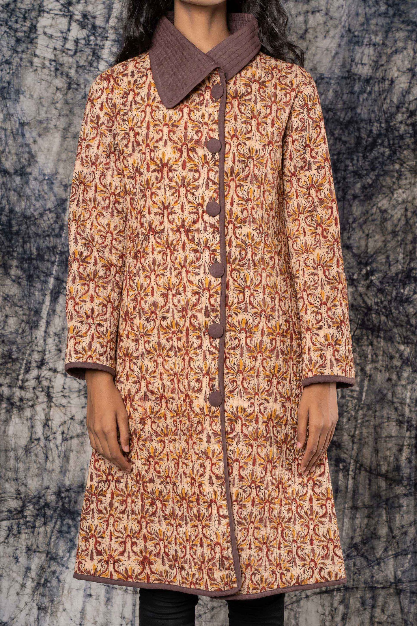 Brown Kalamkari Block Printed Bukhara Coat-NVQJ386