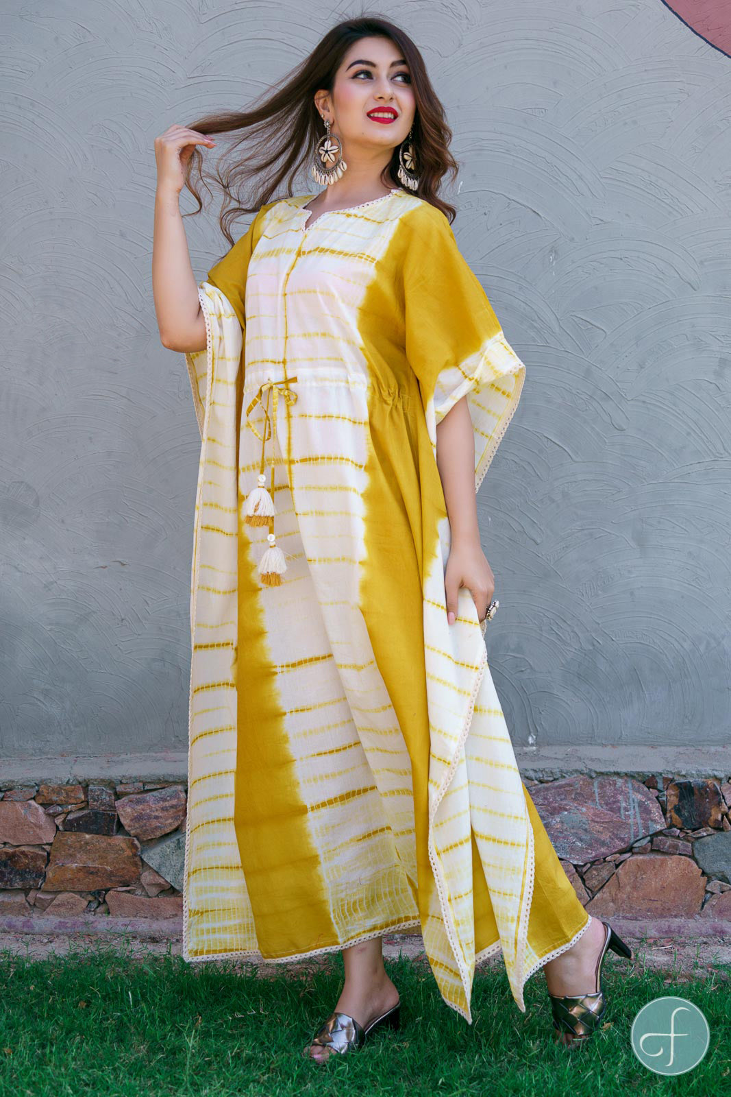 MUSTARD SHIBORI COTTON KAFTAN DRESS-NVK202