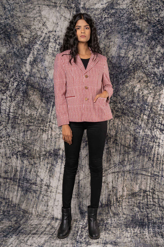 Maroon And White Cotton Blazer-NVQJ430