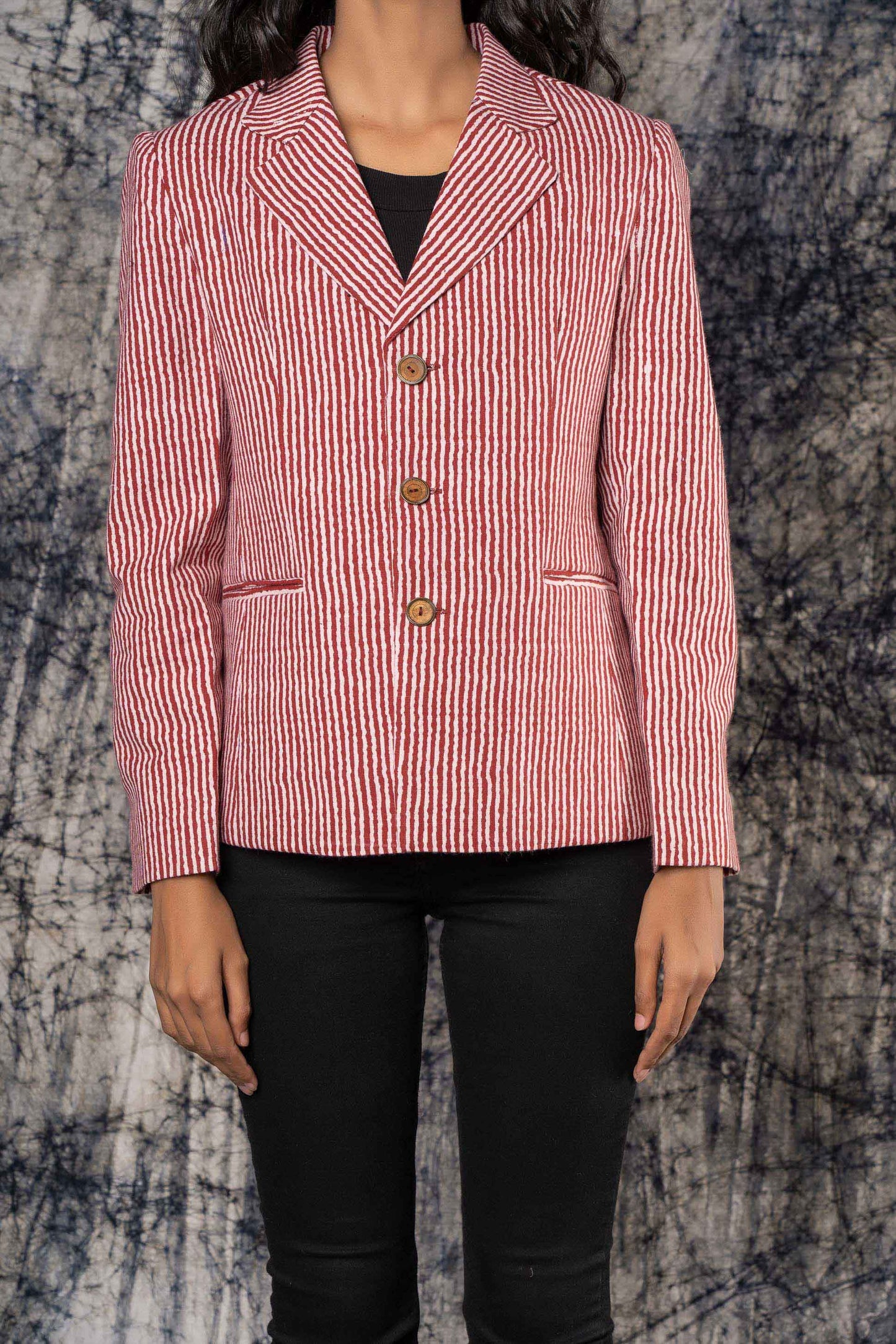 Maroon And White Cotton Blazer-NVQJ430