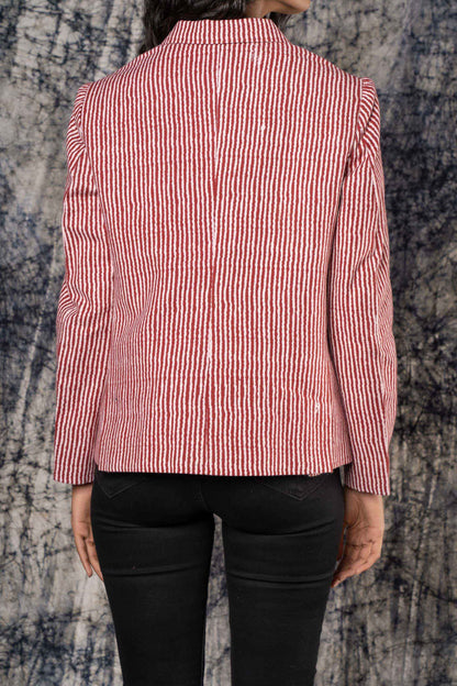 Maroon And White Cotton Blazer-NVQJ430