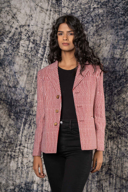 Maroon And White Cotton Blazer-NVQJ430