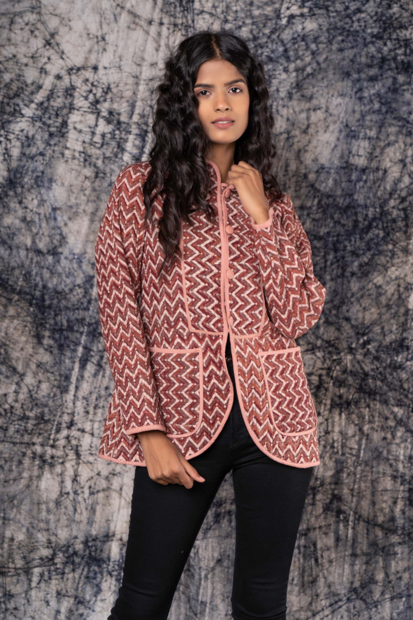 Chevron Ajrakh Cotton Quilted Jacket-NVQJ374