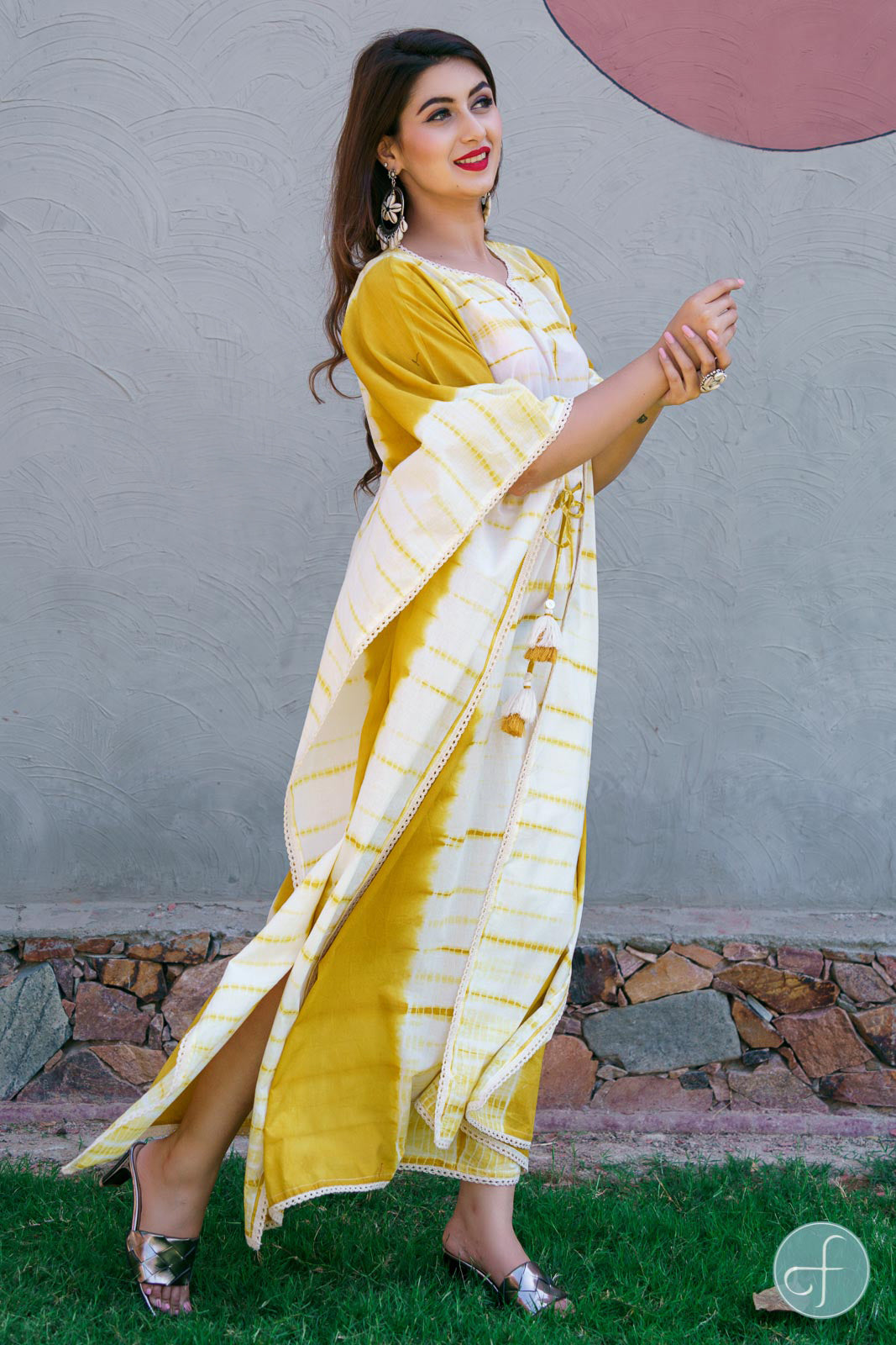 MUSTARD SHIBORI COTTON KAFTAN DRESS-NVK202