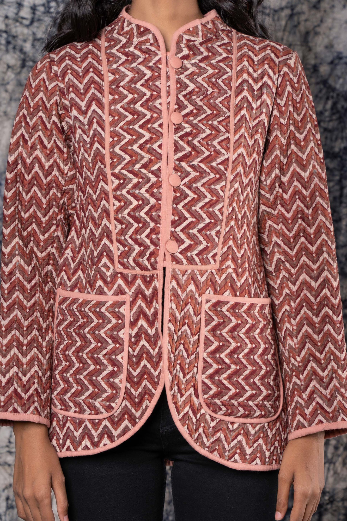 Chevron Ajrakh Cotton Quilted Jacket-NVQJ374