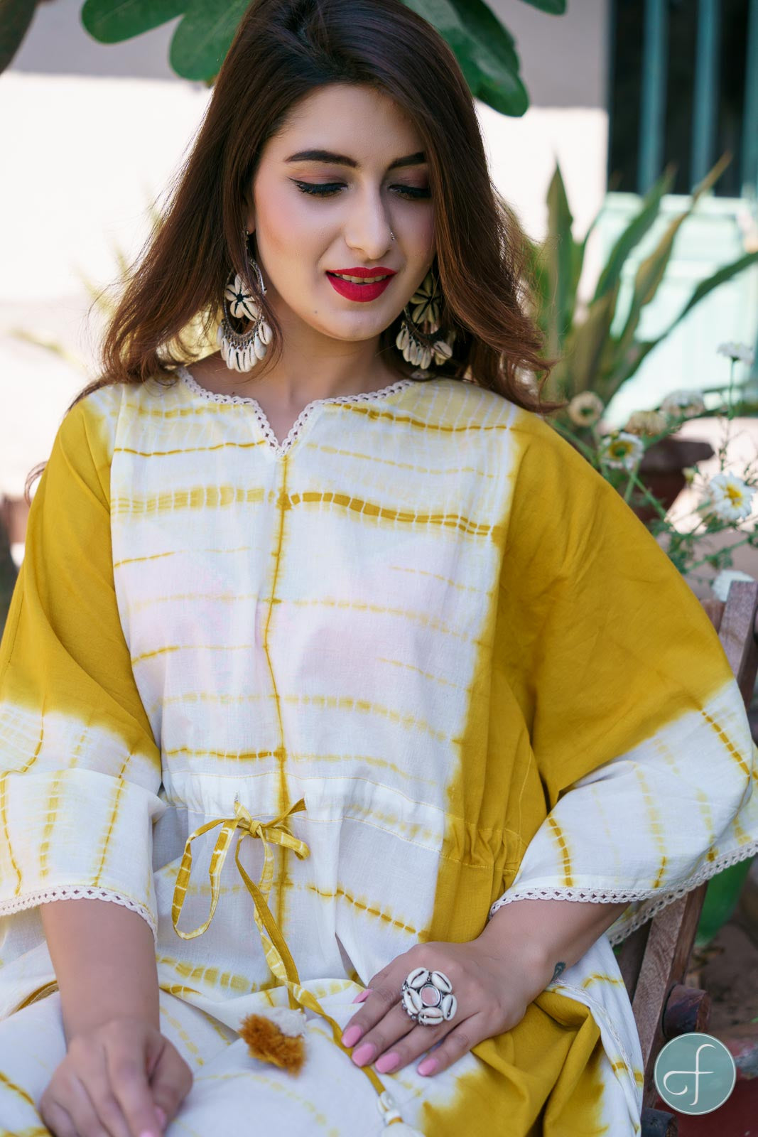 MUSTARD SHIBORI COTTON KAFTAN DRESS-NVK202